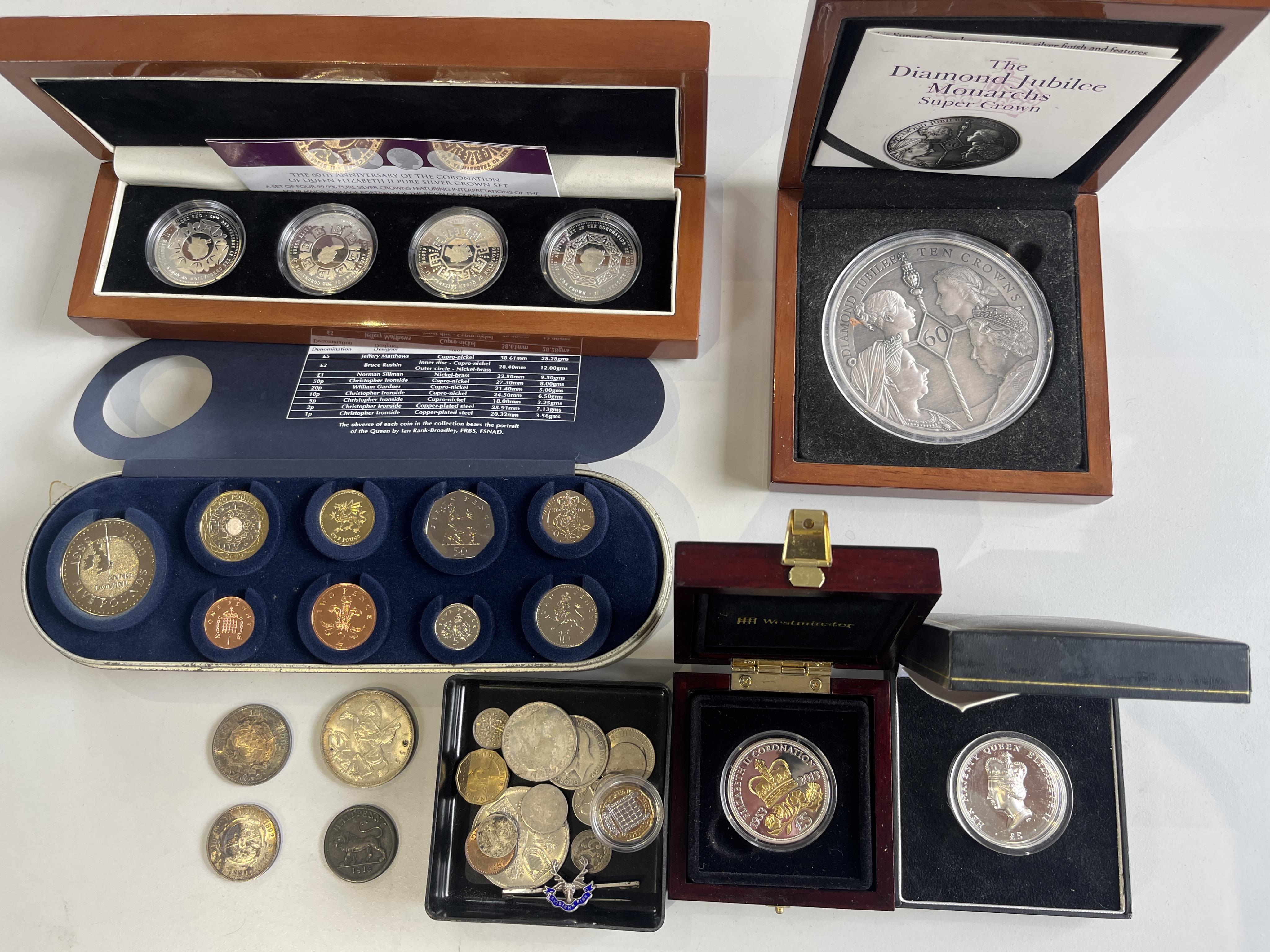 British and British dependency coins, Elizabeth II, including 60th anniversary of the coronation of QEII pure silver crown set in case of issue with paperwork, Royal Mint 2000 proof coin set, Diamond Jubilee Monarchs sup